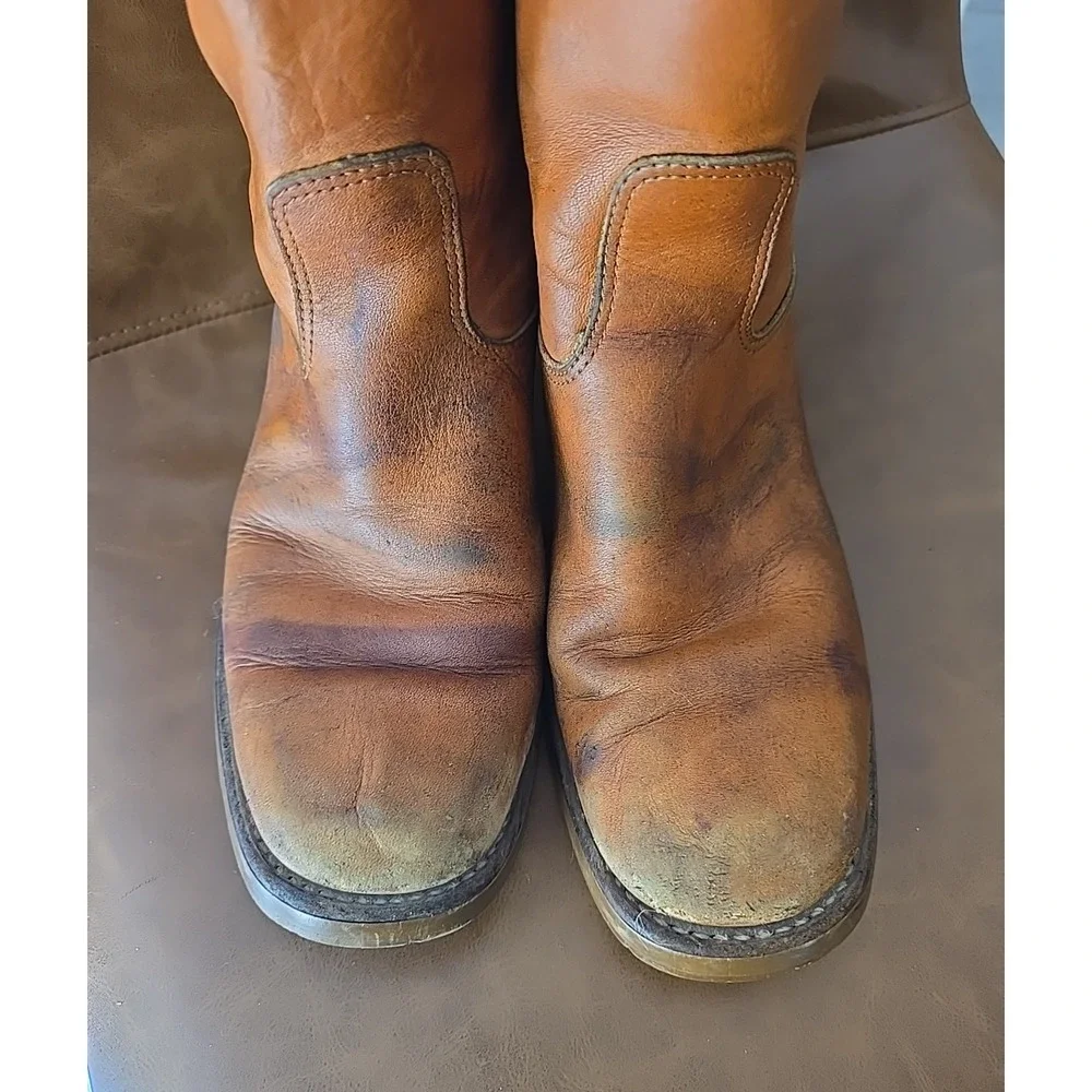 Vtg Double-H Orange Leather Round Toe Pull On Cowboy Western‎ Boots Mens 11D
